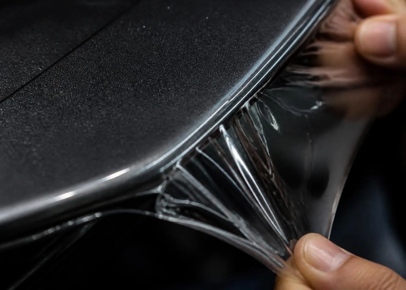 Makroaufnahme: transparente Schutzfolie wird um eine Motorhaubenkante gelegt